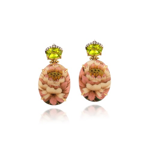 Gold Peridot and Diamond Marquetry Lotus Flower Earrings