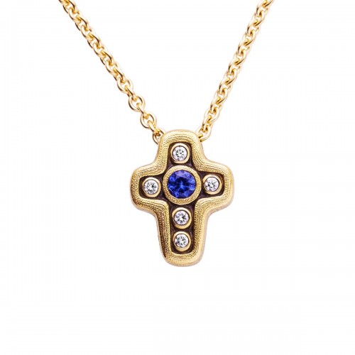 Yellow Gold Diamond and Sapphire Cross Pendant Necklace