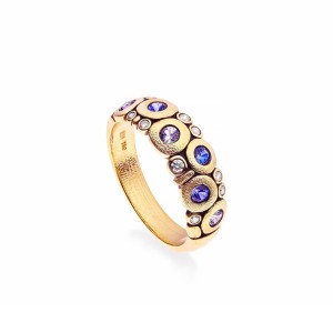 Gold Sapphire and Diamond Wide Band Ring
