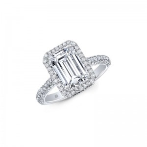 Gold Emerald Cut And Halo Diamond Ring