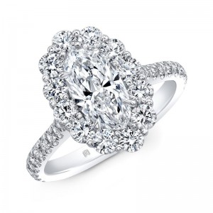 White Gold Moval Diamond Engagement With Halo And Pave Ring