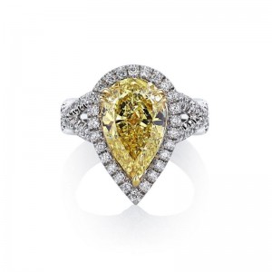 Platinum Pear Shaped Yellow Diamond Halo Ring