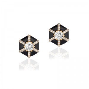 Gold And Black Enamel Diamond Queen Hexagon Stud Earrings