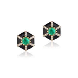 Gold And Black Enamel Diamond And Emerald Queen Hexagon Stud Earrings