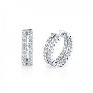 Gold And Chevron And Scallop Diamond Artisan Pave Hoop Earrings