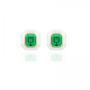 Gold And White Enamel Emerald Stud Earrings