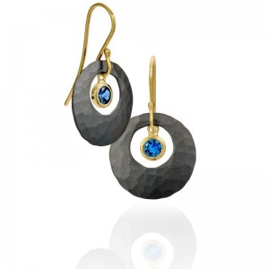 Blackened Silver And Gold Lunar Glow Blue Sapphire Small Earrings