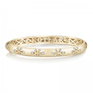 Gold And Diamond Floral Artisan Bangle Bracelet