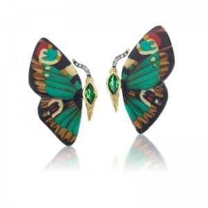 Gold And Diamond And Tsavorite Butterfly Marquetry Earrings