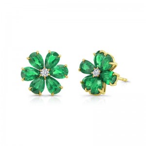 Gold Emerald And Diamond Flower Earrings