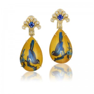 Gold And Diamond And Sapphire Blue Bird Marquetry Drop Earrings