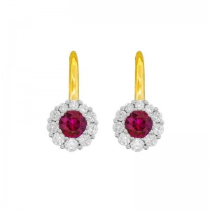 Gold Ruby And Halo Diamond Drop Earrings