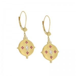 Gold And Diamond And Ruby Ornamental Drop Earrings