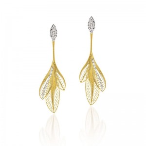 Gold And Diamond Feather Drop Earrings