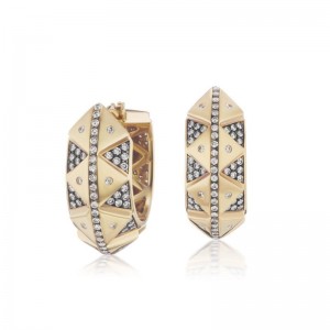 Gold And Black Rhodium Diamond Talisman Huggie Earrings