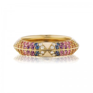 Gold And Rainbow Gemstone Pave Rosa Band Ring