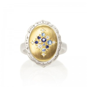 Gold And Silver Diamond Blue Sapphire Aquamarine Oval Harmony Ring