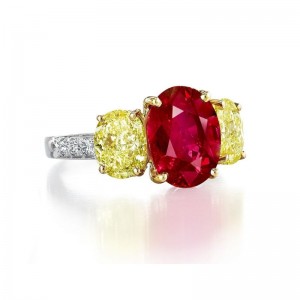 Platinum And Gold Ruby And Yellow Diamond Ring