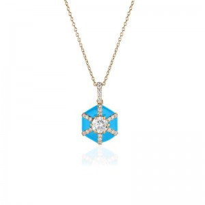 Gold And Turquoise Enamel Diamond Queen Hexagon Pendant Necklace