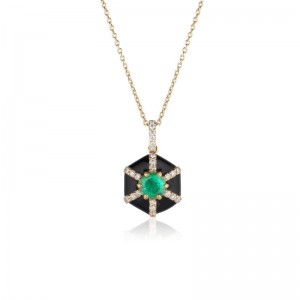 Gold And Black Enamel Emerald And Diamond Queen Hexagon Pendant Necklace