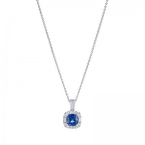 Gold And Blue Sapphire Halo Pendant Necklace