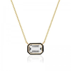 Gold And Black Enamel Crystal Cut East West Pendant Necklace