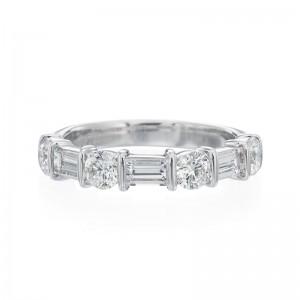 Platinum Round And Baguette Diamond Half Way Around Wedding Band Ring