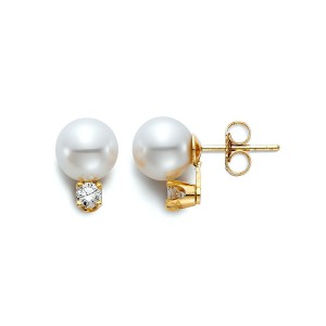 Gold Pearl and Diamond Stud Earrings