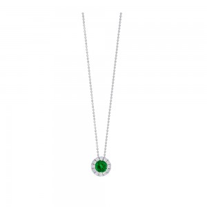 White Gold Emerald and Diamond Halo Pendant Necklace