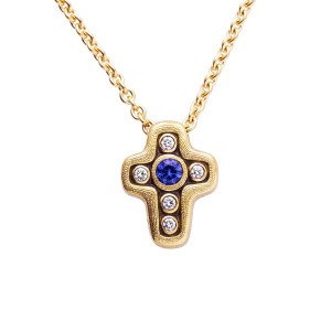 Yellow Gold Diamond and Sapphire Cross Pendant Necklace