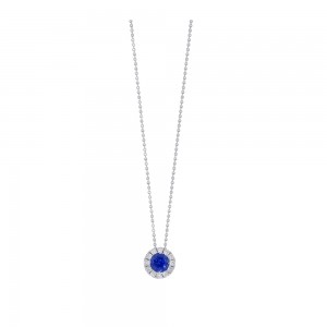 White Gold Sapphire and Diamond Halo Pendant Necklace