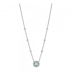 Gold Diamond and Aquamarine Halo Pendant Necklace