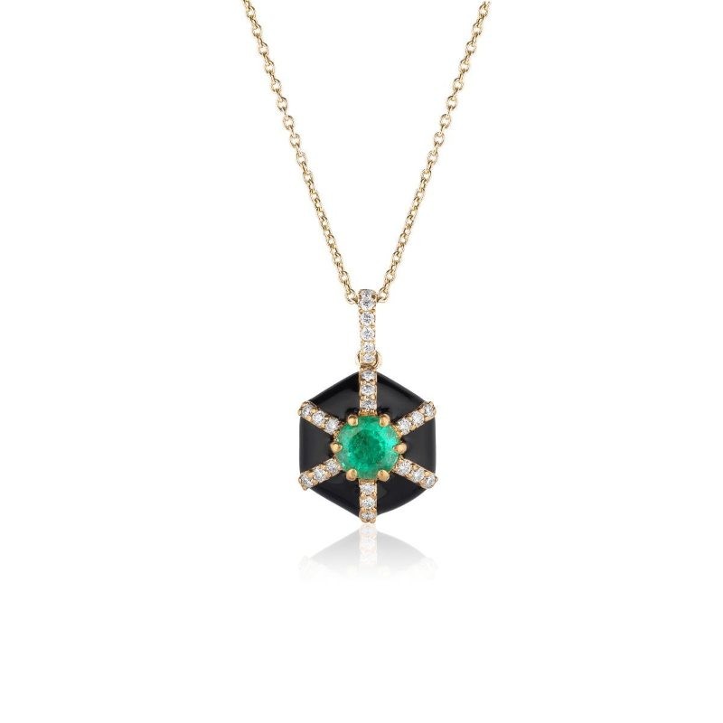 https://www.tinyjewelbox.com/upload/product/Gold And Black Enamel Emerald And Diamond Queen Hexagon Pendant Necklace