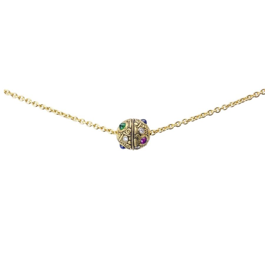 Gold and Multi-Gemstone Ball Pendant Necklace - N18M00064